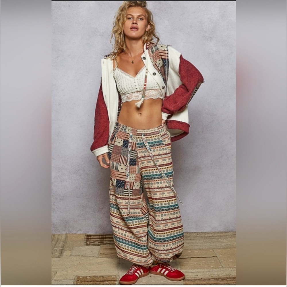 NEW POL Boho Patchwork Wide Leg Drawstring Pants in Cream, Blue, Red Size S